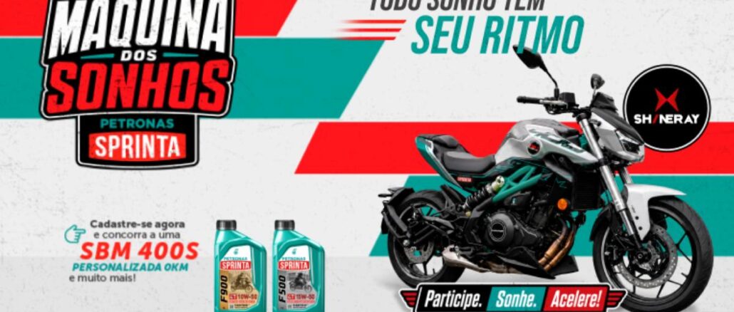 Banner da Promoção Máquina dos Sonhos Petronas Sprinta 2026, com moto Shineray SBM 400S e embalagens dos lubrificantes Sprinta F900 e F500.