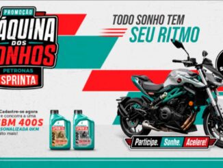 Banner da Promoção Máquina dos Sonhos Petronas Sprinta 2026, com moto Shineray SBM 400S e embalagens dos lubrificantes Sprinta F900 e F500.