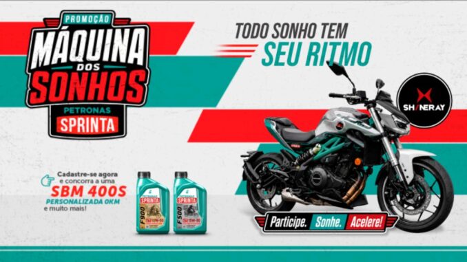 Banner da Promoção Máquina dos Sonhos Petronas Sprinta 2026, com moto Shineray SBM 400S e embalagens dos lubrificantes Sprinta F900 e F500.