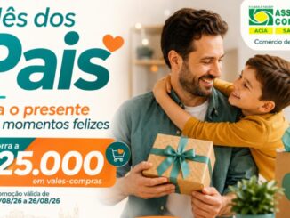 Banner da promoção Mês dos Pais da ACIA São Roque, com prêmio de R$25.000 em vales-compras, válida de 01/08/26 a 26/08/26.