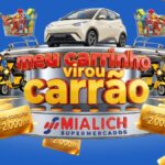 Promoção Meu Carrinho Virou Carrão dos Mialich Supermercados, com prêmios que incluem um carro elétrico BYD Dolphin Mini, motos elétricas e vale-compras de R$2.000,00.