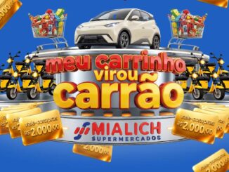 Promoção Meu Carrinho Virou Carrão dos Mialich Supermercados, com prêmios que incluem um carro elétrico BYD Dolphin Mini, motos elétricas e vale-compras de R$2.000,00.