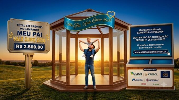 Banner da campanha Meu Pai Vale Ouro 2026, promovida pela ACIAI de Itaipulândia, com prêmios de R$2.500,00 e vigência de 03/08/2026 a 31/08/2026.