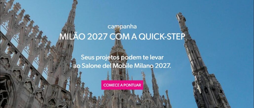 Banner da campanha Milão 2027 com a Quick-Step, com foto da Catedral de Milão ao fundo e chamada para participar e concorrer a uma viagem ao Salone del Mobile Milano 2027.