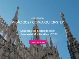 Banner da campanha Milão 2027 com a Quick-Step, com foto da Catedral de Milão ao fundo e chamada para participar e concorrer a uma viagem ao Salone del Mobile Milano 2027.