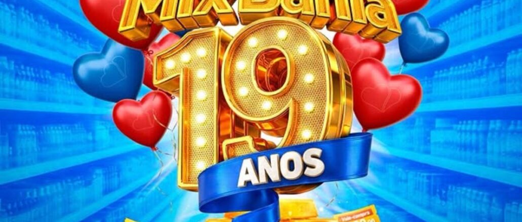 Banner da promoção de aniversário de 19 anos do Mix Bahia com vale-compras de R$300,00 e balões decorativos.