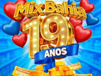 Banner da promoção de aniversário de 19 anos do Mix Bahia com vale-compras de R$300,00 e balões decorativos.