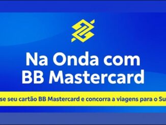 Arte da promoção Na Onda com BB Mastercard, do Banco do Brasil, com fundo azul, logotipo amarelo do banco e chamada para concorrer a viagens de surfe.