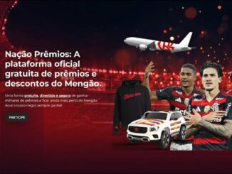 Banner promocional da plataforma Nação Prêmios do Flamengo, com jogadores do clube em uniforme rubro-negro, um avião com a logo do Flamengo, uma caminhonete customizada, um moletom oficial e o estádio ao fundo.