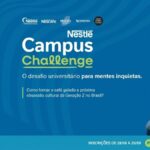 Banner do Nestlé Campus Challenge 2026, desafio universitário com inscrições de 28/08 a 20/09 e Pitch Day em 03/12.