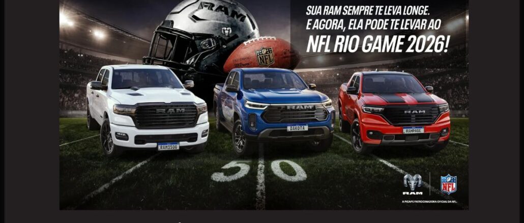 Promoção RAM Society: concorra a ingressos de camarote com acompanhante para o NFL Rio Game 2026, com as picapes RAM 1500, Dakota e Rampage em campo de futebol americano.