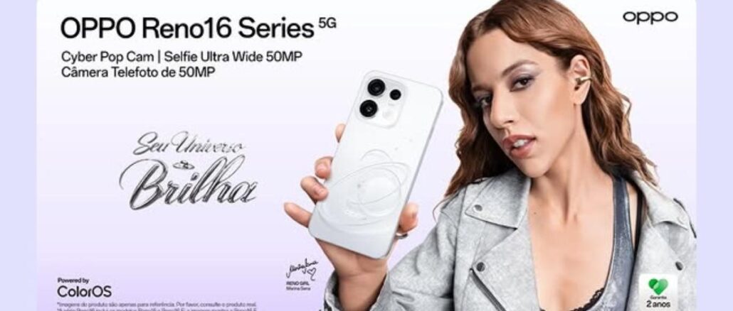 Banner promocional do OPPO Reno16 Series 5G com a campanha Seu Universo Brilha, apresentando o smartphone branco e a Reno Girl Marina Sena.