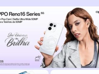 Banner promocional do OPPO Reno16 Series 5G com a campanha Seu Universo Brilha, apresentando o smartphone branco e a Reno Girl Marina Sena.