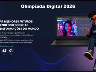 Banner da Olimpíada Digital 2026 com contagem regressiva, notebook exibindo a plataforma de jornadas de aprendizagem e personagem animado comemorando ao lado.