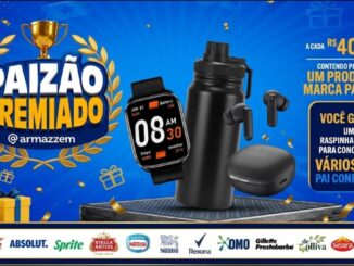 Banner da promoção Paizão Premiado do Armazzem: a cada R$40 em compras com pelo menos um produto de marca parceira, o cliente ganha uma raspinha virtual para concorrer a kits Pai Conectado com smartwatch, garrafa térmica e fone de ouvido sem fio.