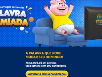 Banner da Promoção Comercial Palavra Premiada, das edições 117 a 121 da Tele Sena Semanal, com R$50.000,00 em prêmios toda semana e 500 ganhadores.