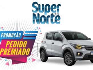 Banner da Promoção Pedido Premiado Supernorte 2026, com imagem de um Fiat Mobi prata e identidade visual em azul, rosa e amarelo.