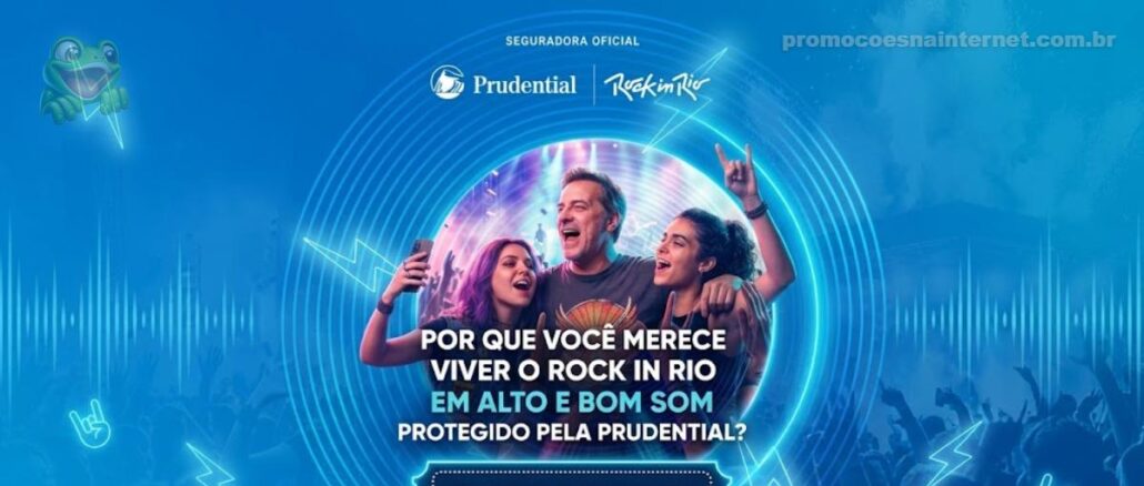 Porquê viver o Rock in Rio em alto e bom som protegido pela Prudential! Banner da promoção Prudential Rock in Rio 2026, com três pessoas animadas em show e chamada para comentar e concorrer a cinco pares de ingressos. Certificado de Autorização SPA/ME nº 03.051983/2026.
