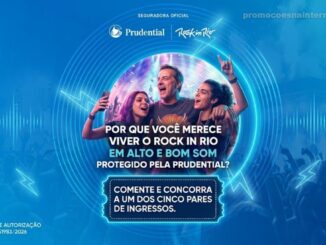 Banner da promoção Prudential Rock in Rio 2026, com três pessoas animadas em show e chamada para comentar e concorrer a cinco pares de ingressos. Certificado de Autorização SPA/ME nº 03.051983/2026.