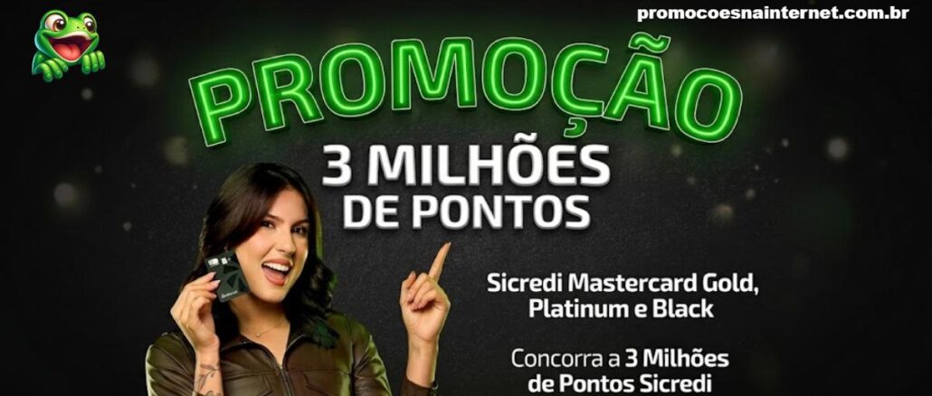 Banner da Promoção 3 Milhões de Pontos Sicredi Mastercard, com jovem segurando cartão Sicredi Black e apontando para o texto da promoção.