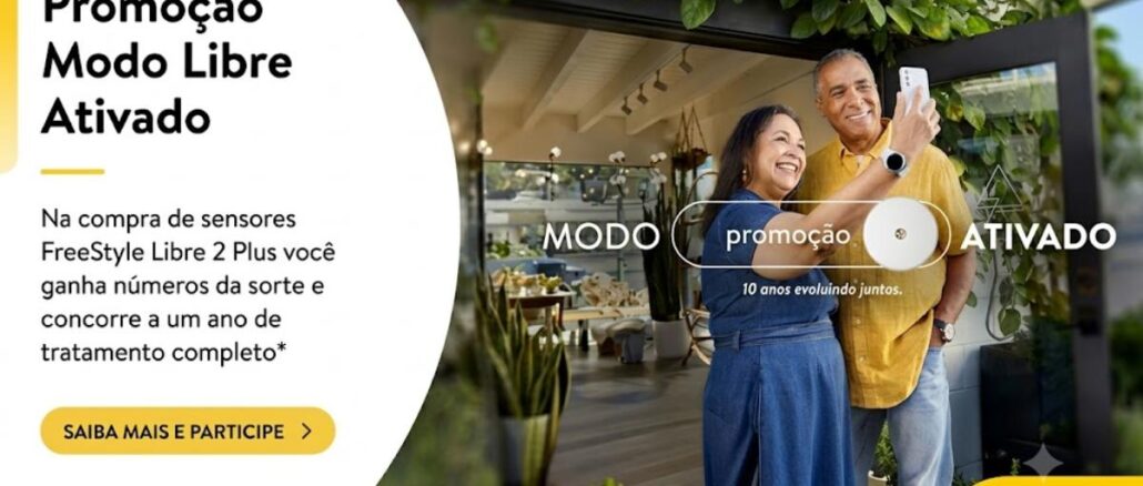 Banner da Promoção Modo Libre Ativado da Abbott: na compra de sensores FreeStyle Libre 2 Plus, o participante concorre a um ano de tratamento completo, em celebração aos 10 anos do Libre no Brasil.