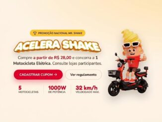 Banner da Promoção Nacional Mr. Shake Acelera Shake 2026: compre a partir de R$28,00 e concorra a 1 motocicleta elétrica. São 5 motocicletas de 1000W e velocidade máxima de 32 km/h a serem sorteadas.
