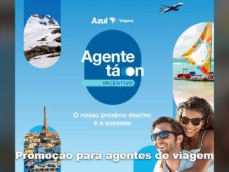 Banner da promoção de incentivo Agente tá ON da Azul Viagens, com imagens de destinos turísticos e casal sorrindo.