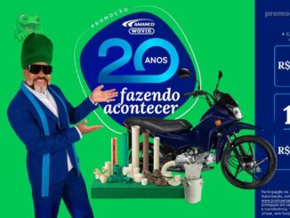 Banner da Promoção Amanco Wavin 20 Anos Fazendo Acontecer, com prêmios de reforma de R$20.000 em cartão pré-pago, 1 moto por semana e R$200 todos os dias, válida de 24/08/2026 a 22/10/2026.