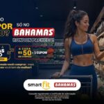 Peça publicitária da promoção Bahamas Rondon Pacheco com SmartFit: concorra a 10 bolsas de 1 ano de academia grátis. A cada R$50 em compras, ganhe 1 cupom. Campanha válida de 1/09 a 22/12/2026, com sorteio em 24/12/2026.