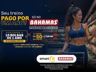 Peça publicitária da promoção Bahamas Rondon Pacheco com SmartFit: concorra a 10 bolsas de 1 ano de academia grátis. A cada R$50 em compras, ganhe 1 cupom. Campanha válida de 1/09 a 22/12/2026, com sorteio em 24/12/2026.