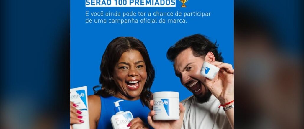Dois modelos sorridentes seguram produtos CeraVe em fundo azul, com texto anunciando kit de hidratação e 100 premiados na Promoção Barreira Só Com CeraVe.