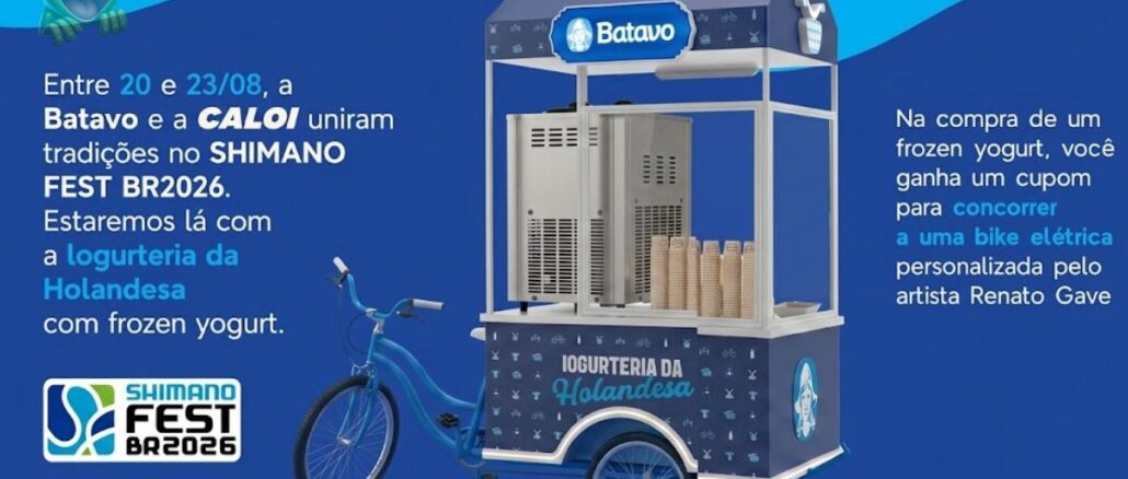 Arte promocional da parceria entre Batavo e Caloi no Shimano Fest BR2026, com foto de triciclo da Iogurteria da Holandesa e informações sobre o sorteio de uma bike elétrica personalizada.