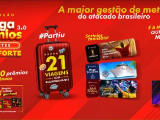 Banner da Promoção Mega Prêmios 3.0 Clientes Bate Forte, com mala vermelha estampada com 21 viagens com acompanhante, sorteios mensais de viagens para a Final da Libertadores 2026, Mega Cruzeiro e Camarote Bar Brahma no Carnaval, mais de 600 prêmios instantâneos e 20 TVs.