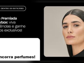 Banner da promoção Beleza Premiada Beautybox do Boticário com modelo feminina de cabelos lisos escuros ao lado do texto da campanha sobre fundo preto, com chamada para concorrer a perfumes.