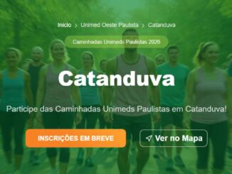 Banner das Caminhadas Unimeds Paulistas 2026 em Catanduva, com grupo de pessoas caminhando em área arborizada ao fundo e chamada para inscrições em breve.