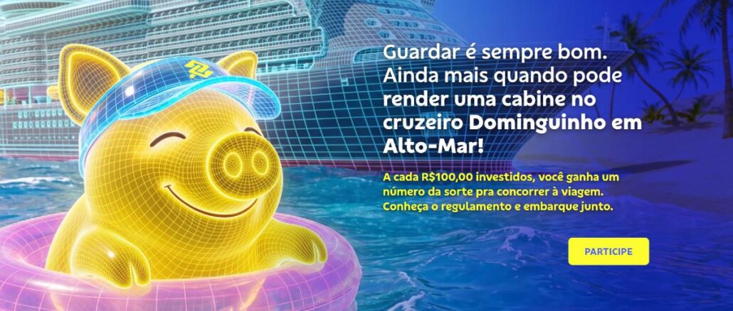 Banner da promoção Cofrinho BB: personagem porquinho dourado em boia, com navio de cruzeiro ao fundo, divulgando sorteio de cabine no cruzeiro Dominguinho em Alto-Mar para quem investe no Banco do Brasil.
