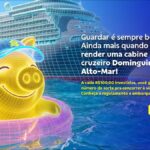 Banner da promoção Cofrinho BB: personagem porquinho dourado em boia, com navio de cruzeiro ao fundo, divulgando sorteio de cabine no cruzeiro Dominguinho em Alto-Mar para quem investe no Banco do Brasil.