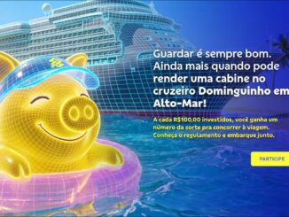 Banner da promoção Cofrinho BB: personagem porquinho dourado em boia, com navio de cruzeiro ao fundo, divulgando sorteio de cabine no cruzeiro Dominguinho em Alto-Mar para quem investe no Banco do Brasil.