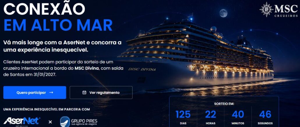 Banner da promoção Conexão em Alto Mar da AserNet: sorteio de cruzeiro internacional a bordo do MSC Divina, com saída de Santos em 31/01/2027, em parceria com o Grupo Pires.