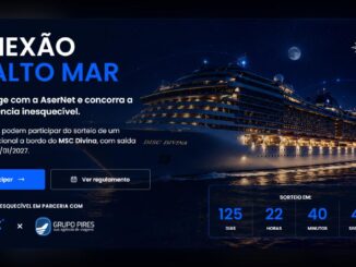 Banner da promoção Conexão em Alto Mar da AserNet: sorteio de cruzeiro internacional a bordo do MSC Divina, com saída de Santos em 31/01/2027, em parceria com o Grupo Pires.