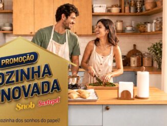 Banner da Promoção Cozinha Renovada Snob e Santepel, com casal cozinhando em uma cozinha moderna e bem decorada.