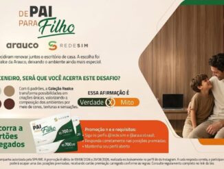 Banner da promoção De Pai para Filho, parceria entre Arauco e Rede Sim Materiais para Construção, com sorteio de 3 cartões carregados de R$700,00 cada para marceneiros que responderem corretamente no Instagram.