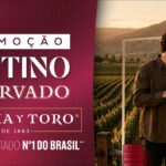 Banner da Promoção Destino Reservado Concha y Toro, com casal brindando com taças de vinho tinto em meio a um vinhedo ao entardecer.