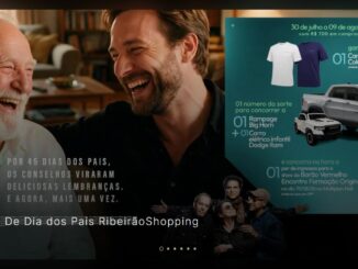 Banner da Promoção Dia dos Pais 2026 do RibeirãoShopping com prêmios como camiseta Columbia, Rampage Big Horn, carro elétrico infantil Dodge Ram e ingressos para show do Barão Vermelho.