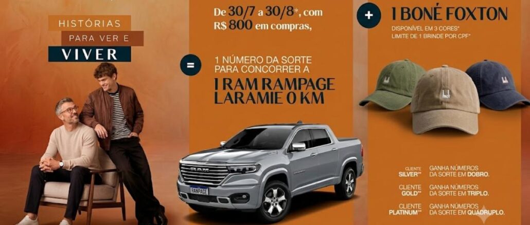 Banner da Promoção Dia dos Pais BH Shopping 2026 — a cada R$800 em compras de 30/7 a 30/8, o cliente ganha um número da sorte para concorrer a uma RAM Rampage Laramie 0 km e ainda recebe um boné Foxton de brinde.