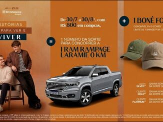 Banner da Promoção Dia dos Pais BH Shopping 2026 — a cada R$800 em compras de 30/7 a 30/8, o cliente ganha um número da sorte para concorrer a uma RAM Rampage Laramie 0 km e ainda recebe um boné Foxton de brinde.