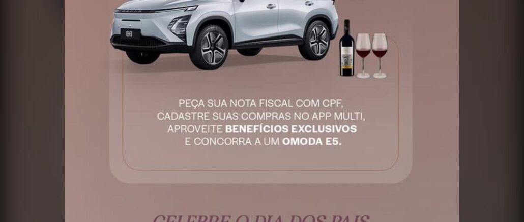 Banner da promoção Dia dos Pais do BarraShopping 2026, com imagem de um SUV elétrico Omoda E5 branco e uma garrafa de vinho com duas taças, sobre fundo marrom rosado.