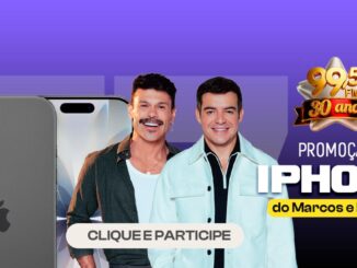 Banner da Promoção iPhone do Marcos e Belutti na Rádio 99,5 FM, comemorativa dos 30 anos da emissora em Goiás.