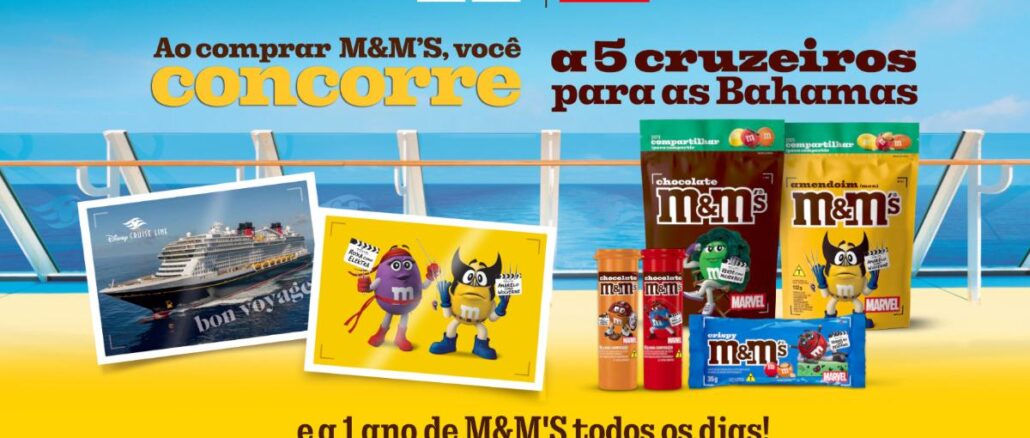 Banner da Promoção M&M's Marvel 2026: ao comprar M&M's, concorra a 5 cruzeiros para as Bahamas pela Disney Cruise Line e a 1 ano de M&M's todos os dias.