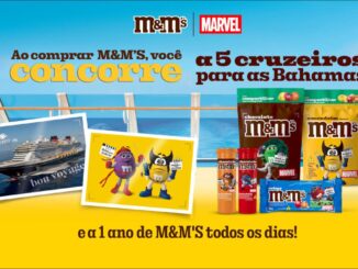 Banner da Promoção M&M's Marvel 2026: ao comprar M&M's, concorra a 5 cruzeiros para as Bahamas pela Disney Cruise Line e a 1 ano de M&M's todos os dias.